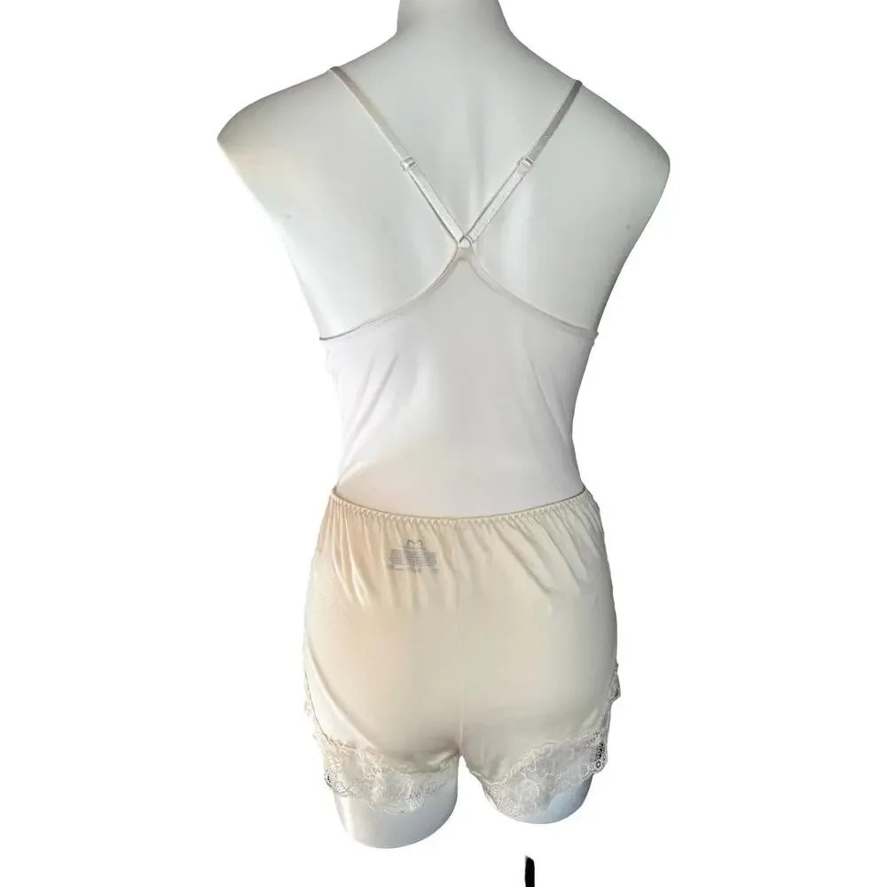 Vintage Maidenform Ivory Lace Teddy Tap Pant Set Nylon 1990 Lingerie Large